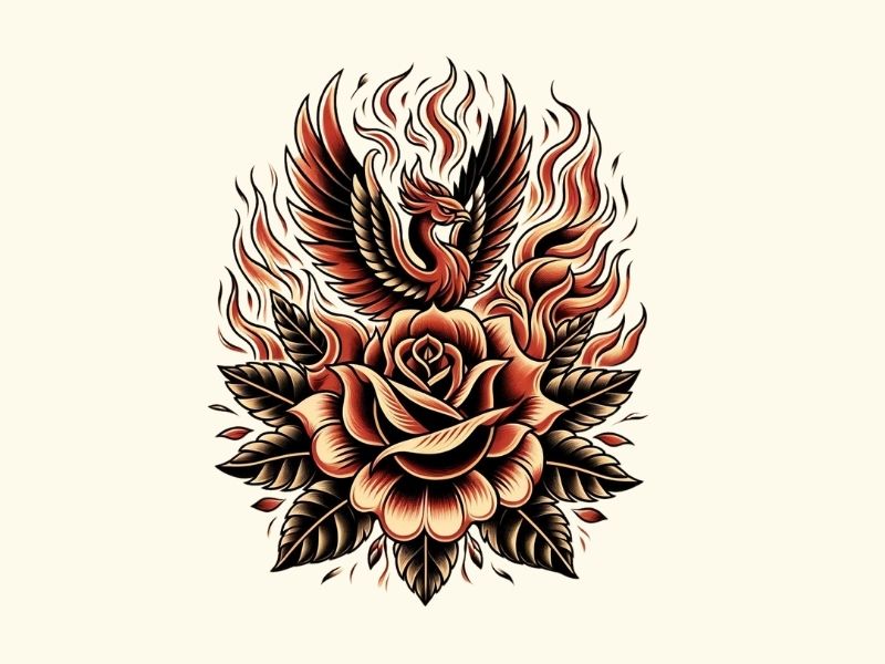 An American traditional phoenix and fire rose tattoo design.