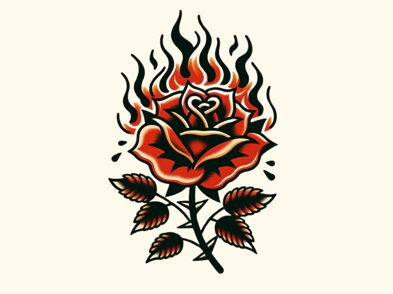 An American traditional style fire rose tattoo design.
