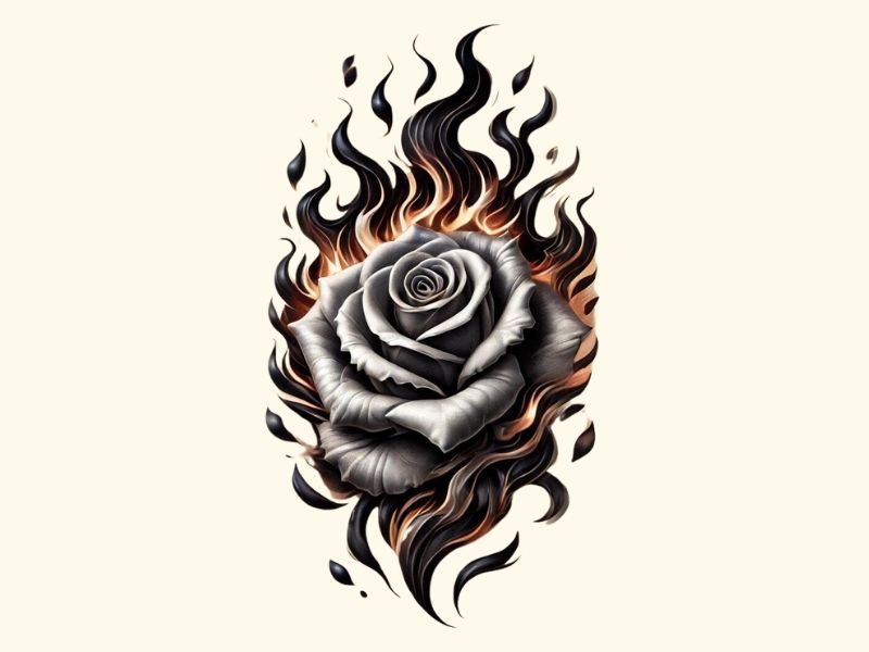 A dark colored fire rose tattoo design.