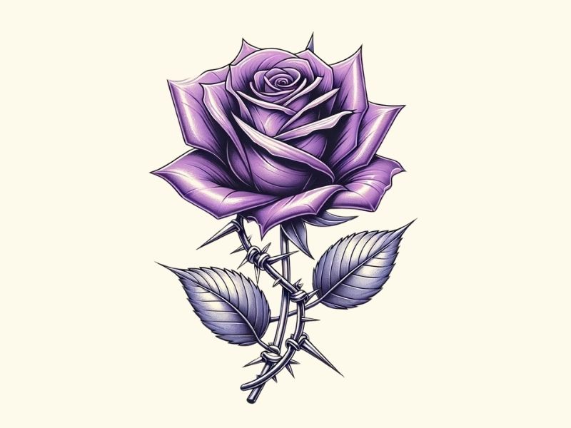 A dainty purple rose with thorns and barbed wire tattoo design.