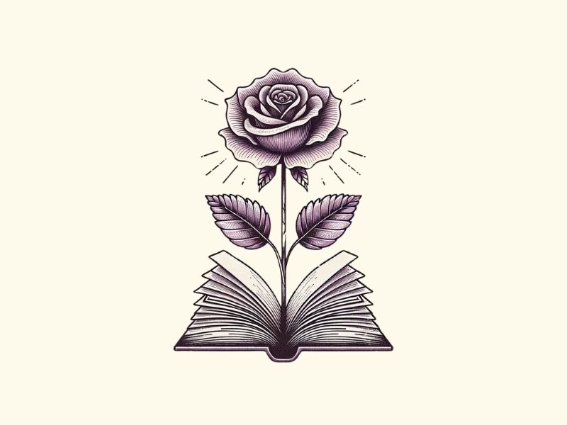 A dainty minimalist purple rose and book tattoo design.