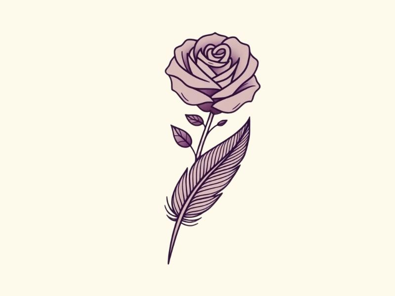A minimalist purple rose and feather tattoo design.