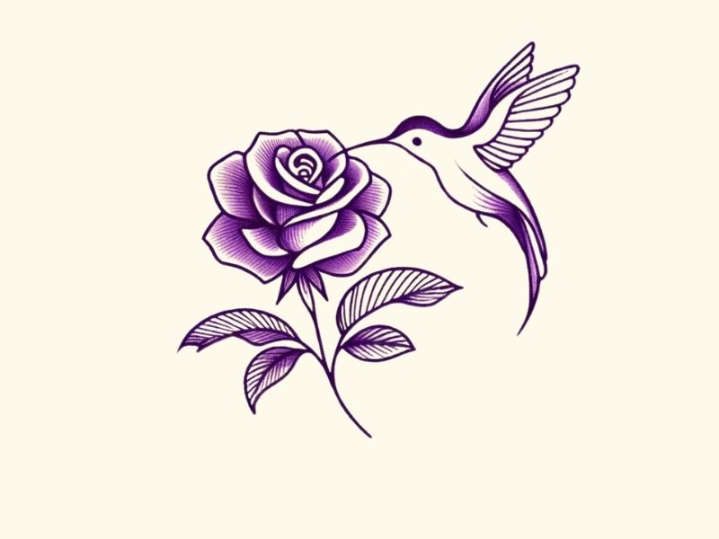 A minimalist purple rose and hummingbird tattoo design.
