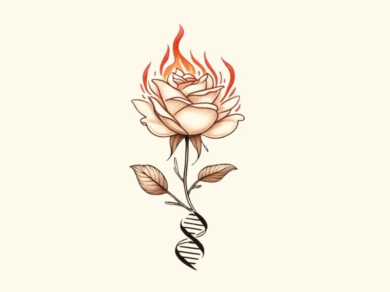 A fire rose and DNA helix tattoo design.