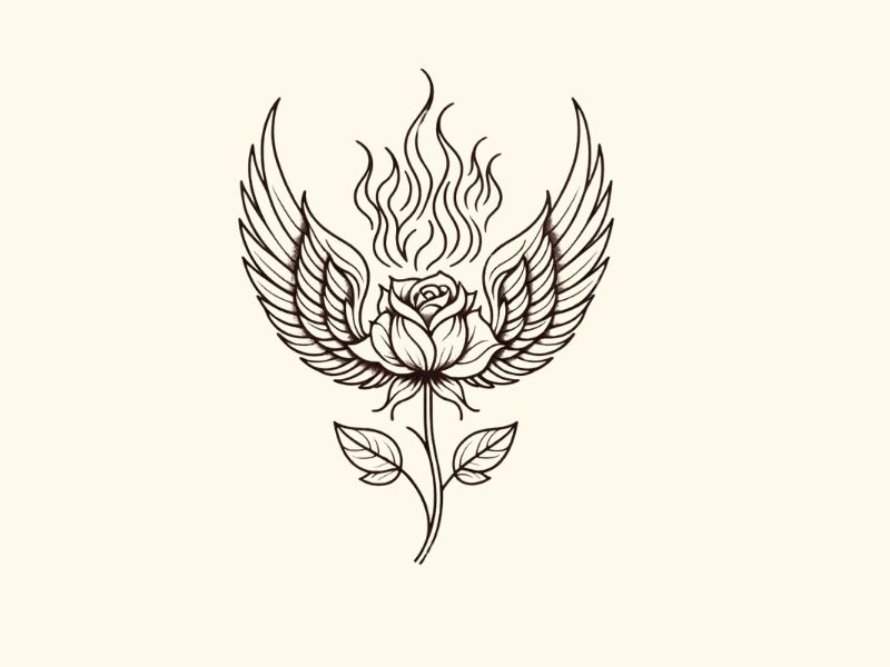 A minimalist fire rose with wings tattoo design.