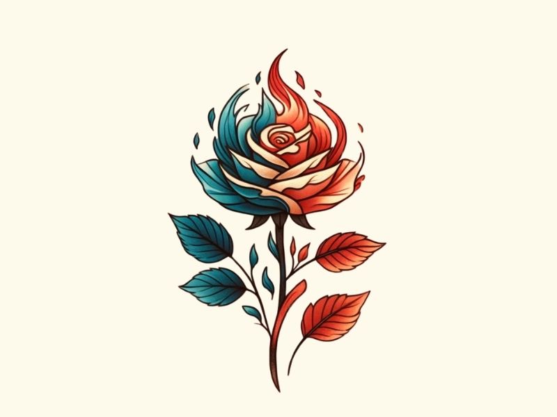 A blue and red fire rose tattoo design.