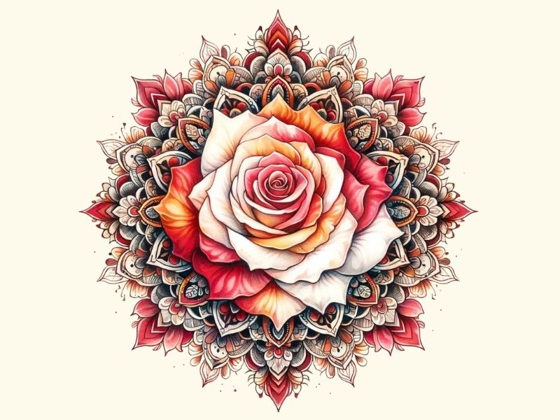 A mandala inspired fire rose tattoo design.