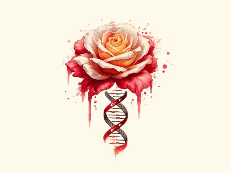 A waterclor style fire rose and DNA helix tattoo design.