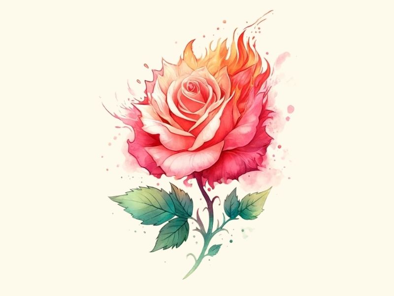 A waterclor style fire rose tattoo design.