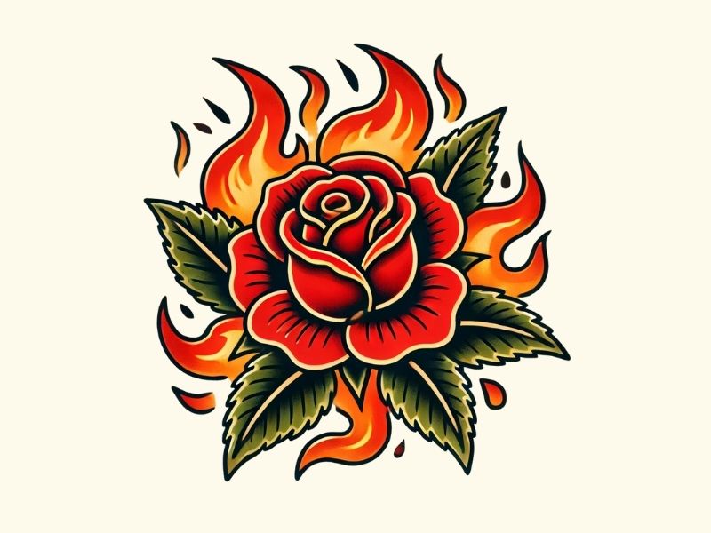 An American traditional fire rose tatoo design.
