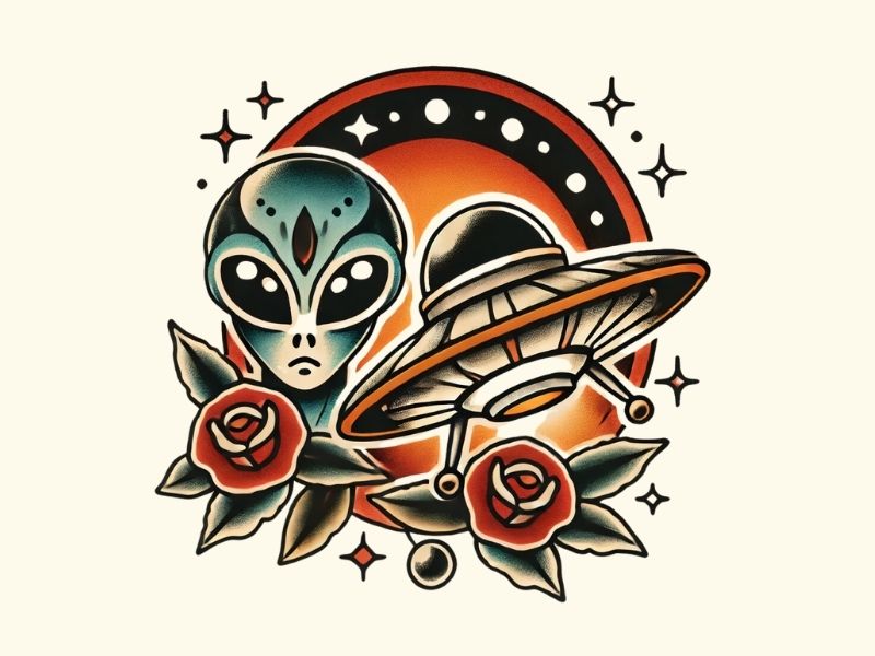 An American traditional alien and spacehip tattoo design.
