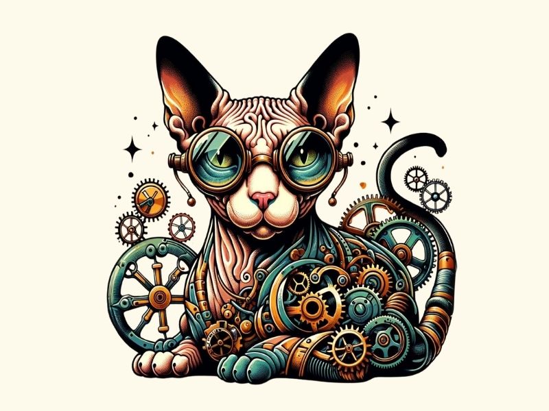 A steampunk style sphynx cat tattoo design.
