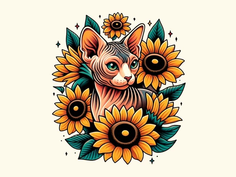 An American traditional style sphynx cat and sunflowers tattoo design.