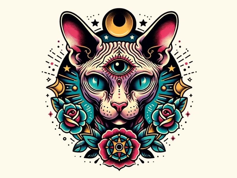 An American traditional third eye sphynx cat tattoo design.