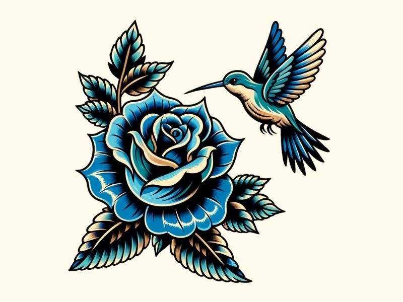 An American Traditional blue rose hummingbird tattoo design.