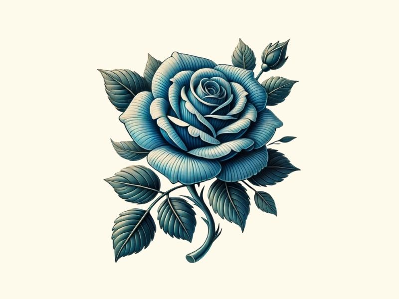 A realism style blue rose tattoo design. 