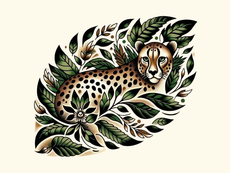 A cheetah in leaves tattoo design.