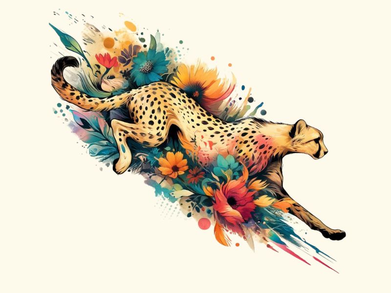 A watercolor cheetah tattoo design.