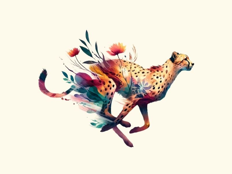 A watercolor cheetah with flowers tattoo design.