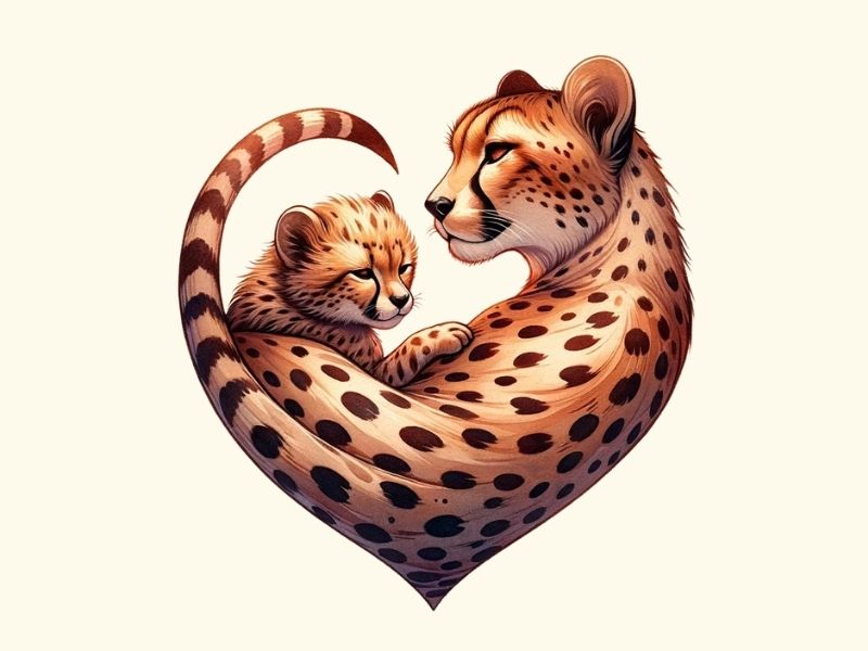 A cheetah mother and cub in a heart tattoo design.
