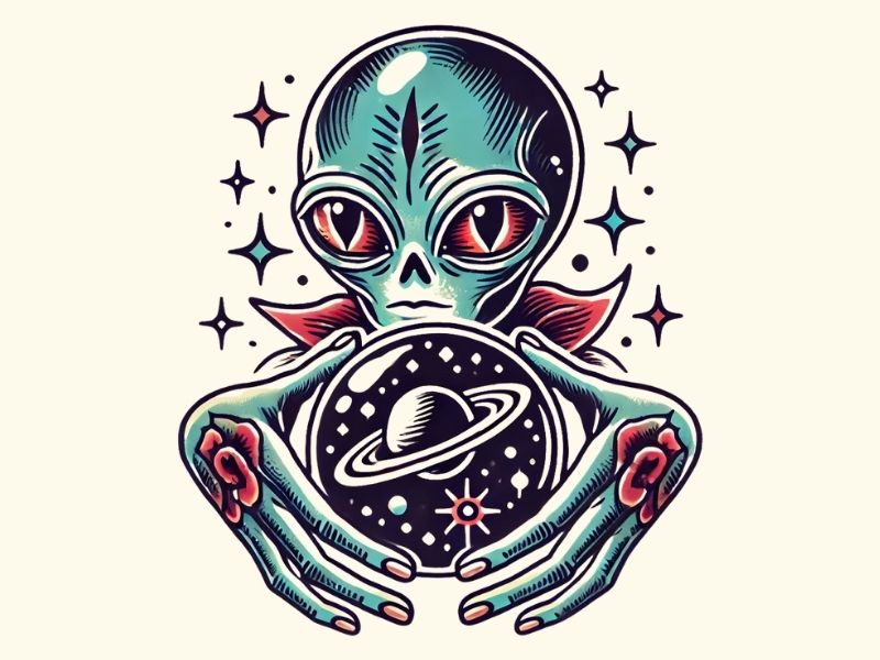 An alien and a crystal ball tattoo design.