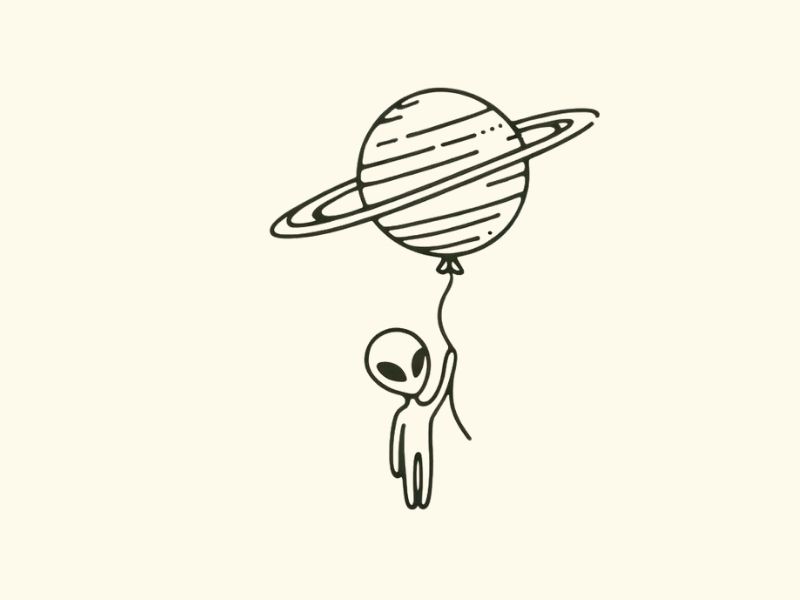 A minimalist alien and a planet balloon tattoo design.