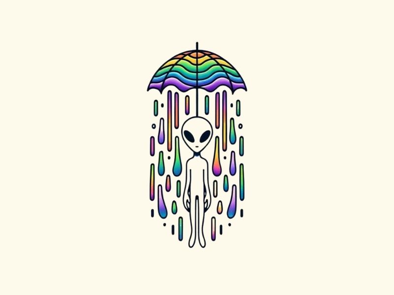 An alien under a colorful umbrella tattoo design.