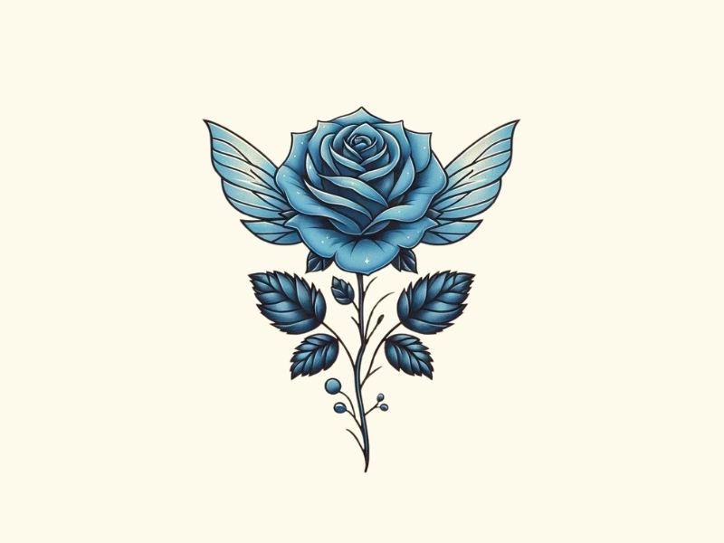 A blue rose with fairy wings tattoo design.