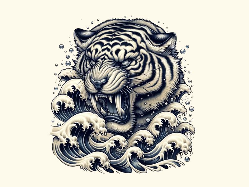 A fierce sabertooth tiger and waves tattoo design.