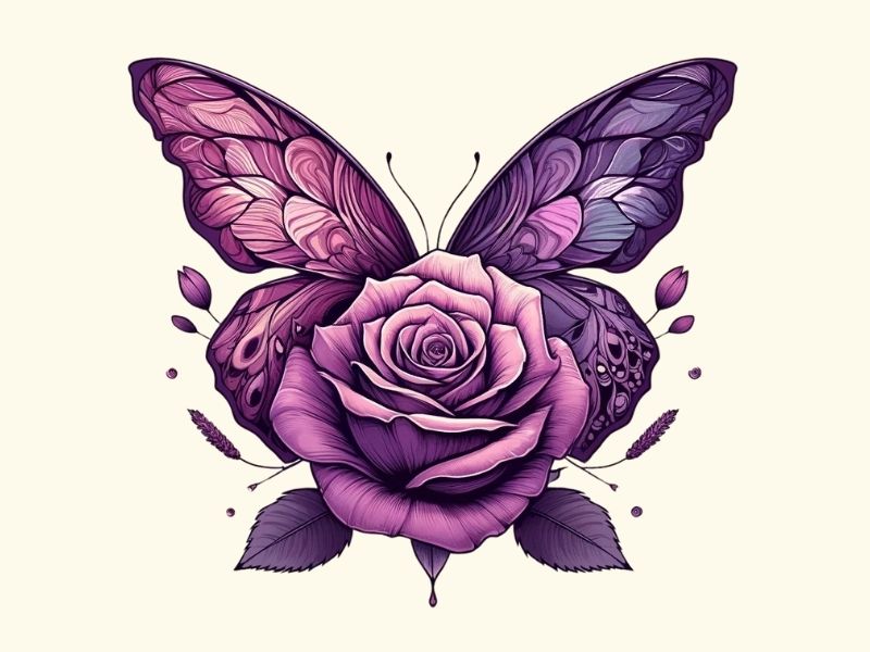 A purple rose and butterfly tattoo design.