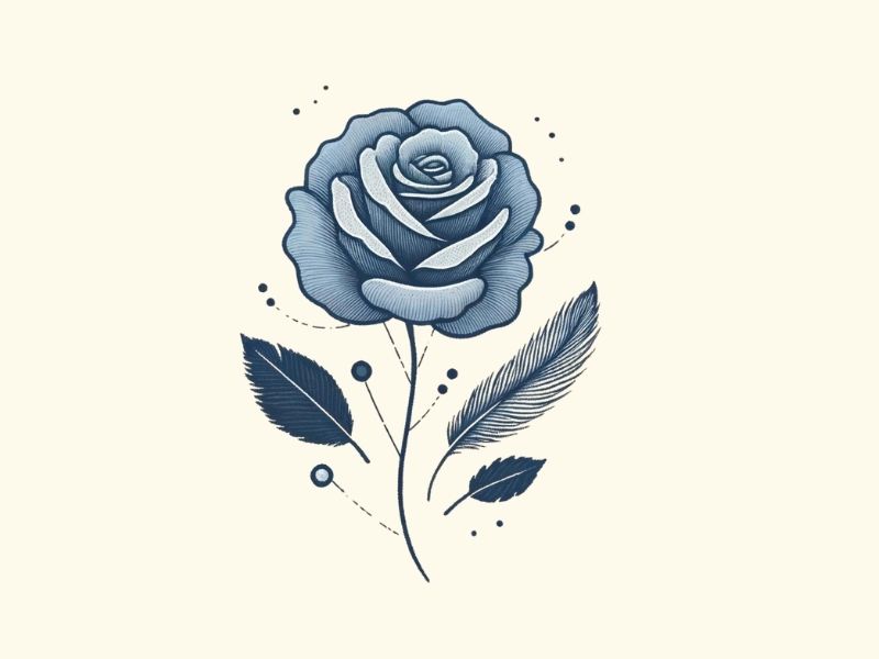 A blue rose and feather tattoo design. 