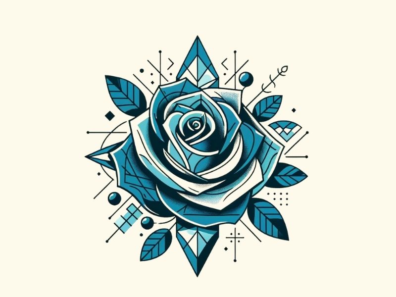 A geometric style blue rose tattoo design.