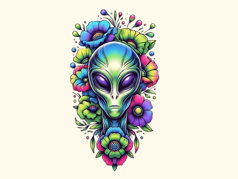 An alien head in flowers tattoo design.