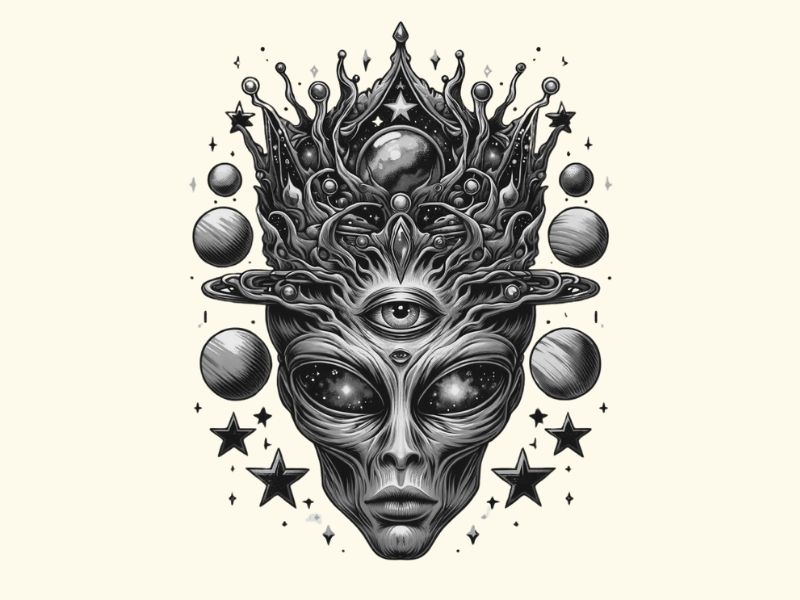 A alien with three eyes tattoo design.