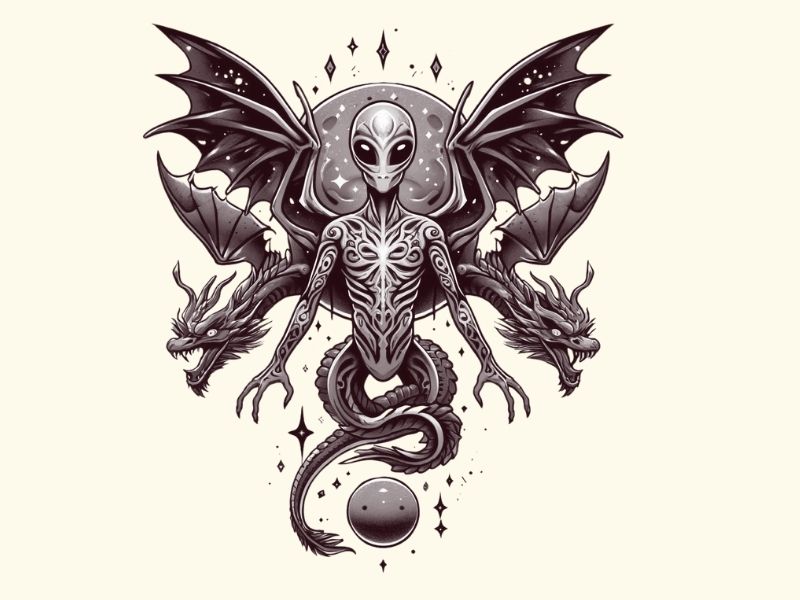 A flying dragon alien tattoo design.