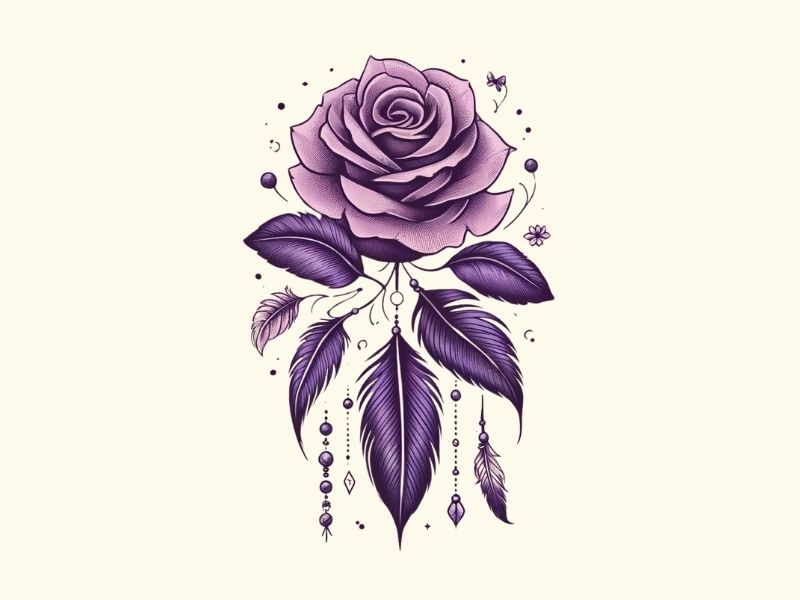 A dainty minimalist purple rose with boho feathers tattoo design.