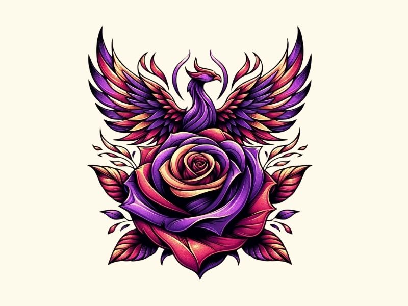 A purple rose with a phoenix tattoo design.