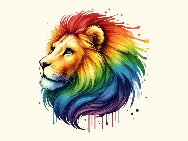 A rainbow watercolor lion tattoo design.
