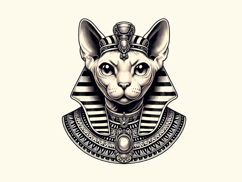 A realistic style sphynx cat tattoo design in pharaoh attire.