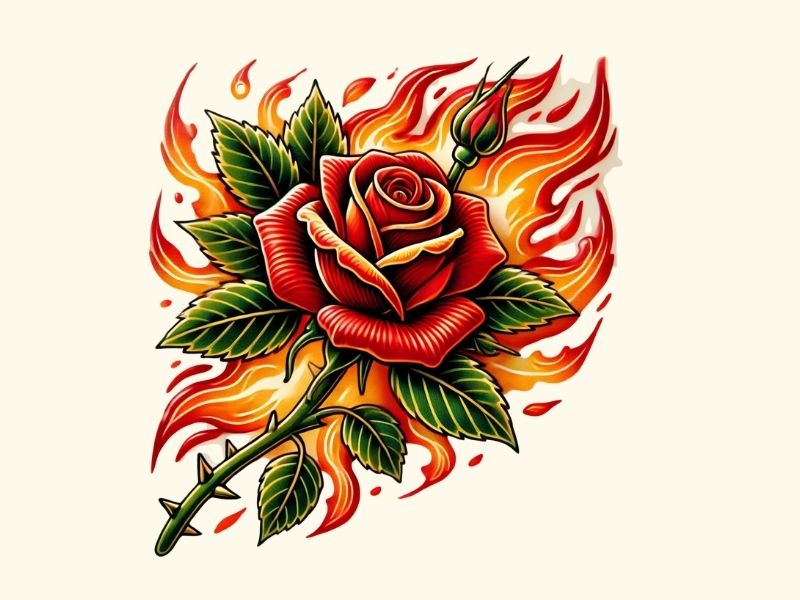 An American traditional fire rose tatoo design.