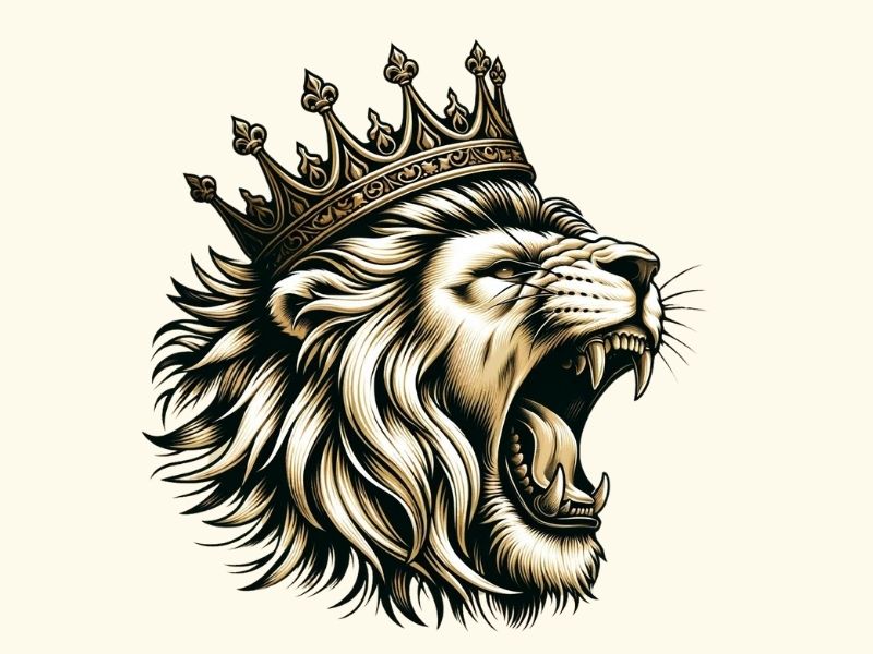A roaring lion with a crown tattoo design.