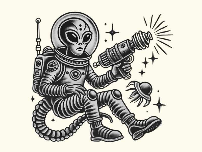 A vintage alien in a spacesuit tattoo design.