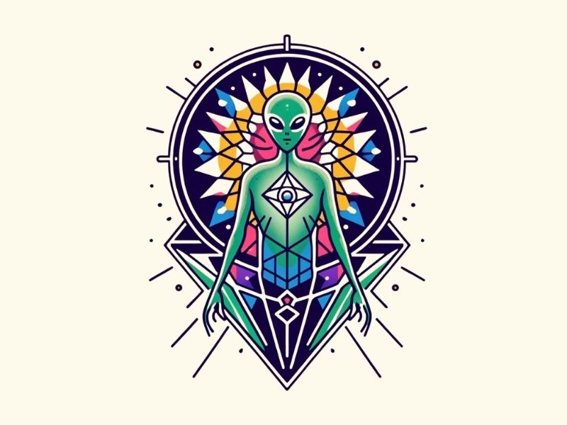 An alien and mandala inspired tattoo design.