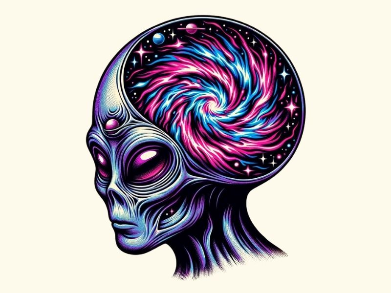 A galaxy in the head of an alien tattoo design.