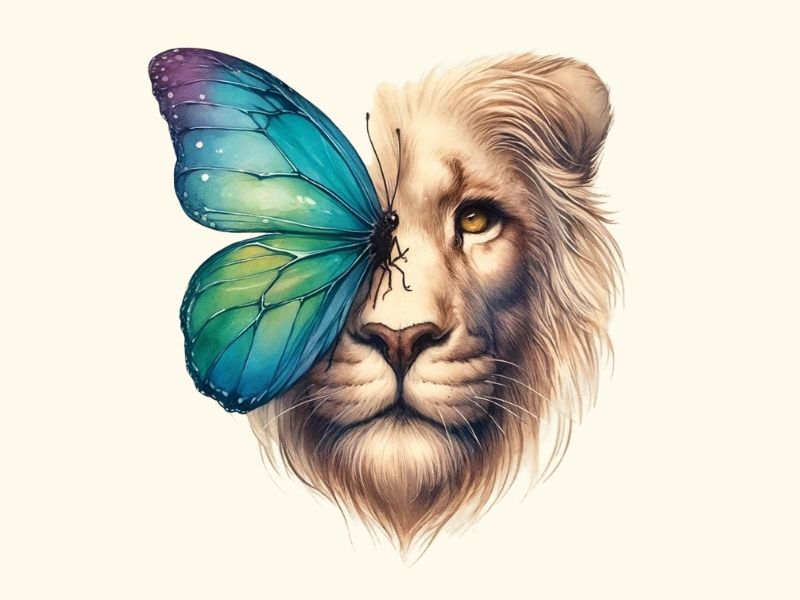 A watercolor stlye lion with a butterfly tattoo design. 