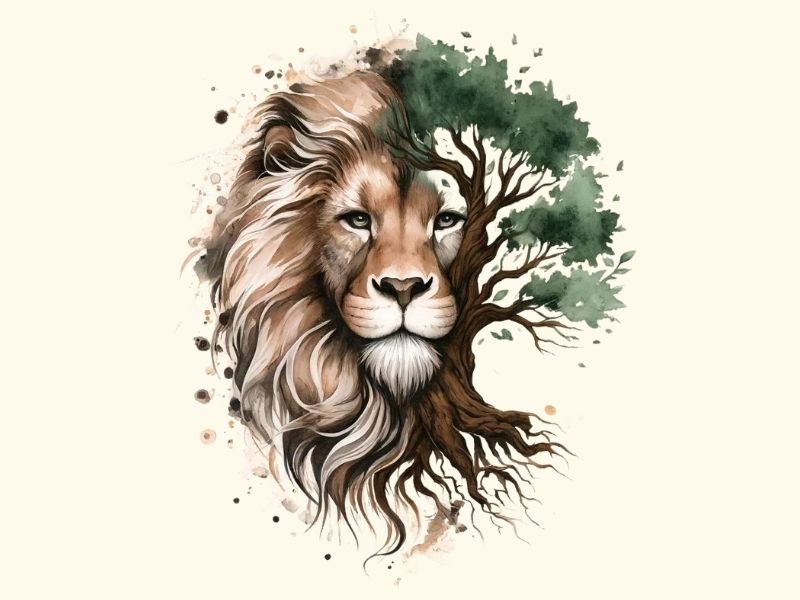A watercolor style lion and tree tattoo design.