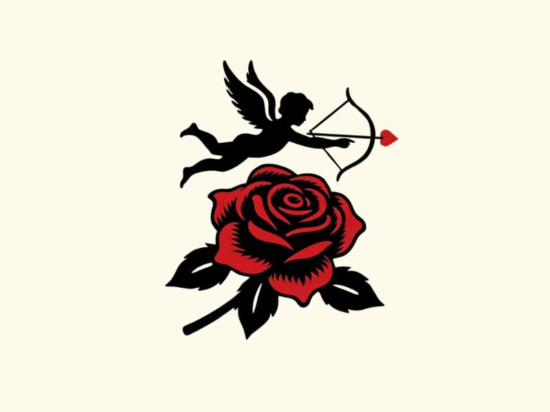 A red rose with Cupid tattoo design.