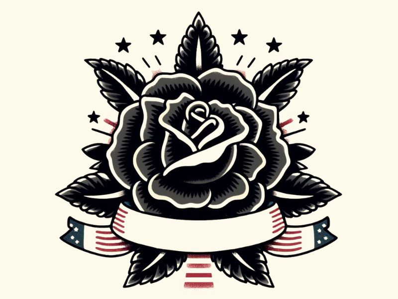 An American traditional black rose with banner tattoo design.