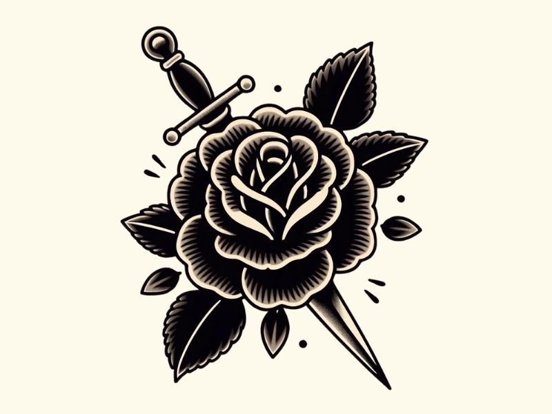 An American traditional style black rose and dagger tattoo design.