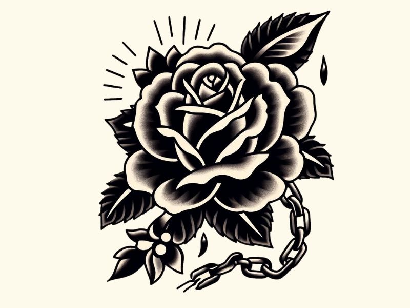 An American traditional style black rose and broken chain tattoo design.